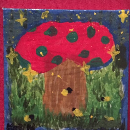 A red mushroom with blue dots surrounded in a field with yellow stars about.