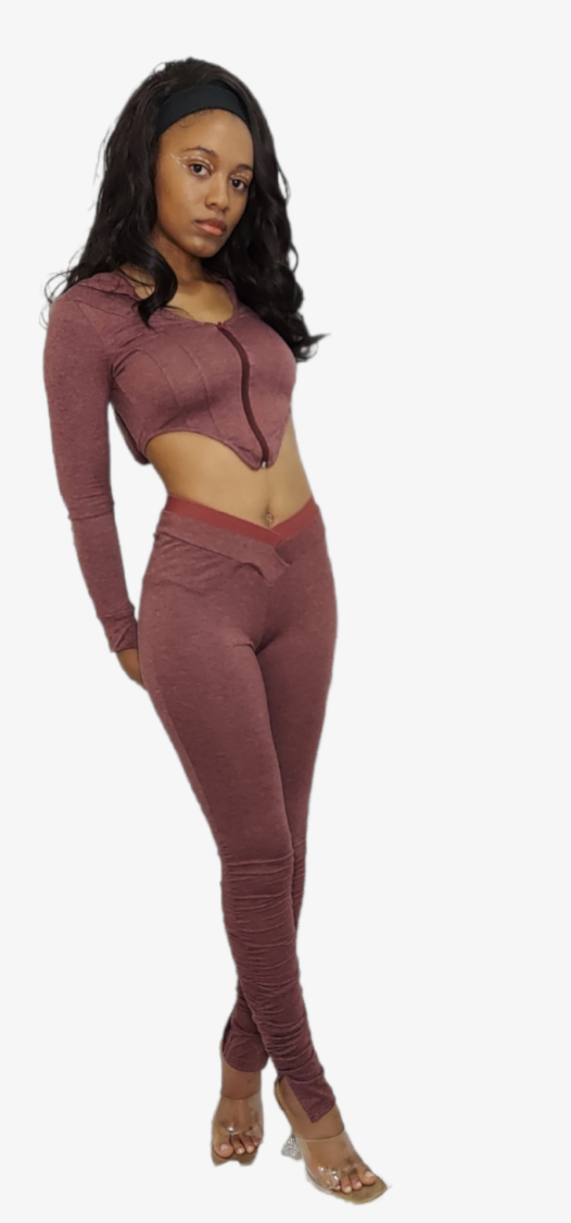 Red pants and crop top hoodie set. This set features a zipper.