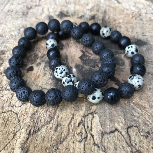 Lava stone bracelet and Dalmatian Jasper bracelet with onyx and lava stone beads