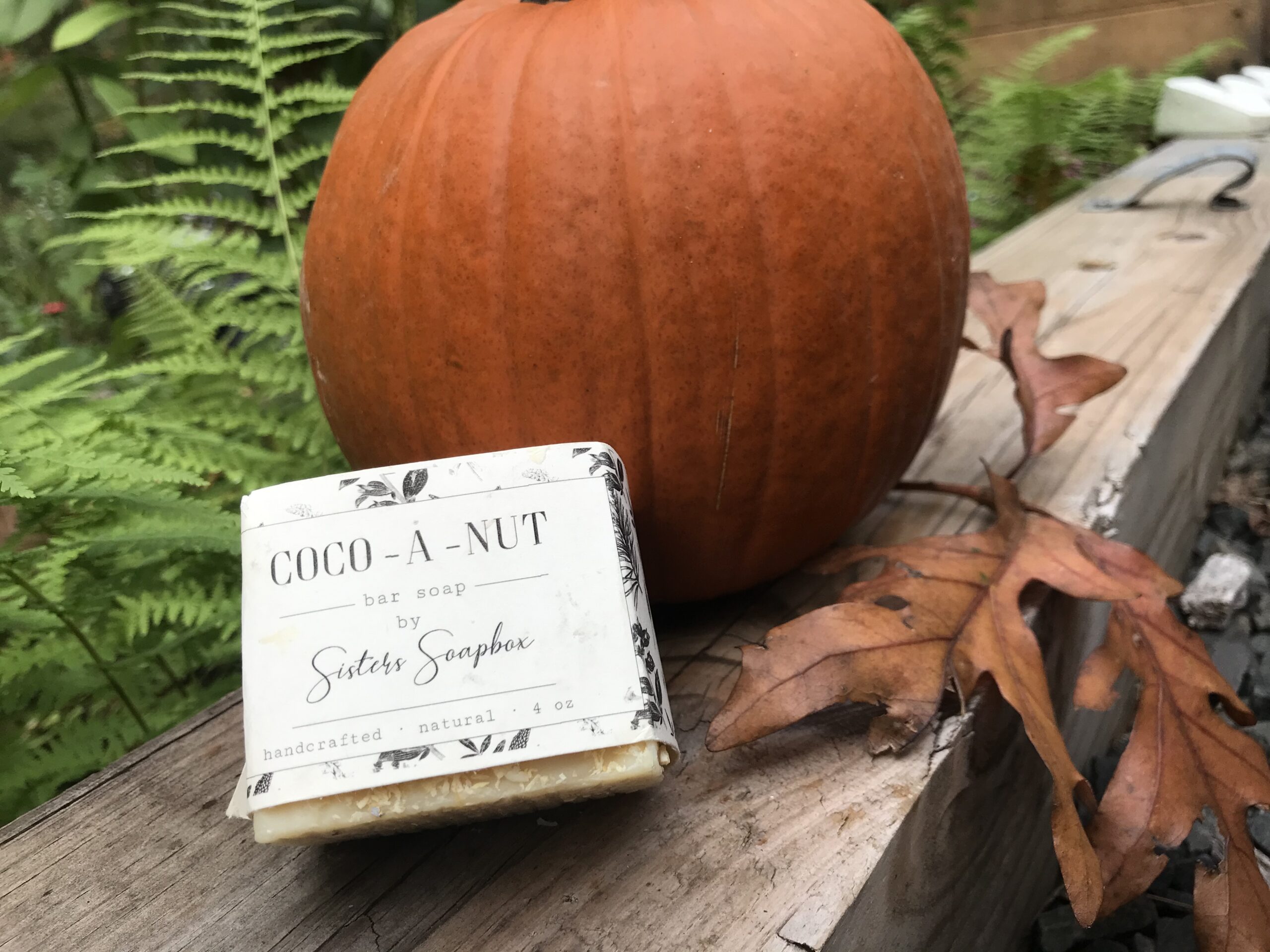 Coco-A-Nut Bar soap leaning against a pumpkin