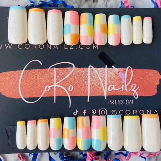 Checkered Squares | Pink Nails | Blue Nails | Yellow Nails | Press on Nails | Medium Square Nails | Fake Nails | READY TO SHIP
