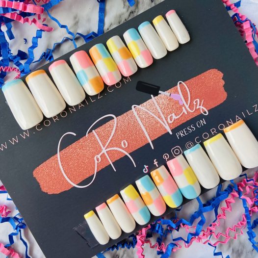 Checkered Squares | Pink Nails | Blue Nails | Yellow Nails | Press on Nails | Medium Square Nails | Fake Nails | READY TO SHIP