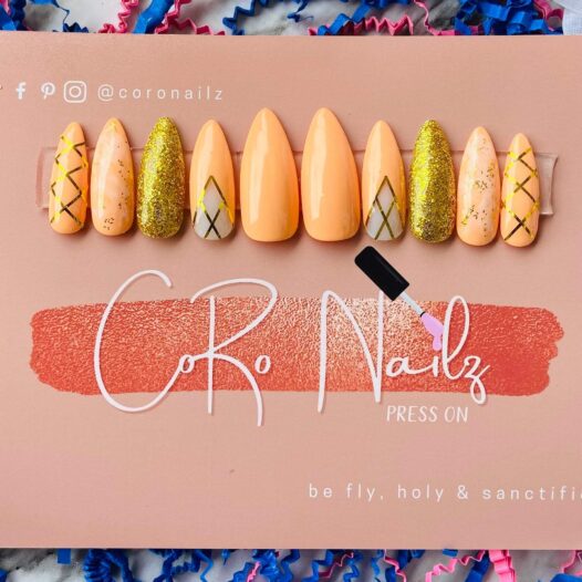 Peachy Glitz | Orange Nails | Gold Nails | Press on Nails | Long Stiletto Nails | Fake Nails | MADE TO ORDER