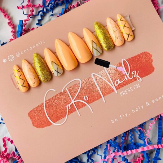Peachy Glitz | Orange Nails | Gold Nails | Press on Nails | Long Stiletto Nails | Fake Nails | MADE TO ORDER