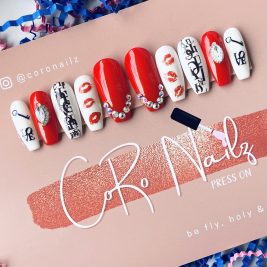 Love & Happiness | Red Nails | White Nails | Press on Nails | Long Coffin Nails | Fake Nails | MADE TO ORDER