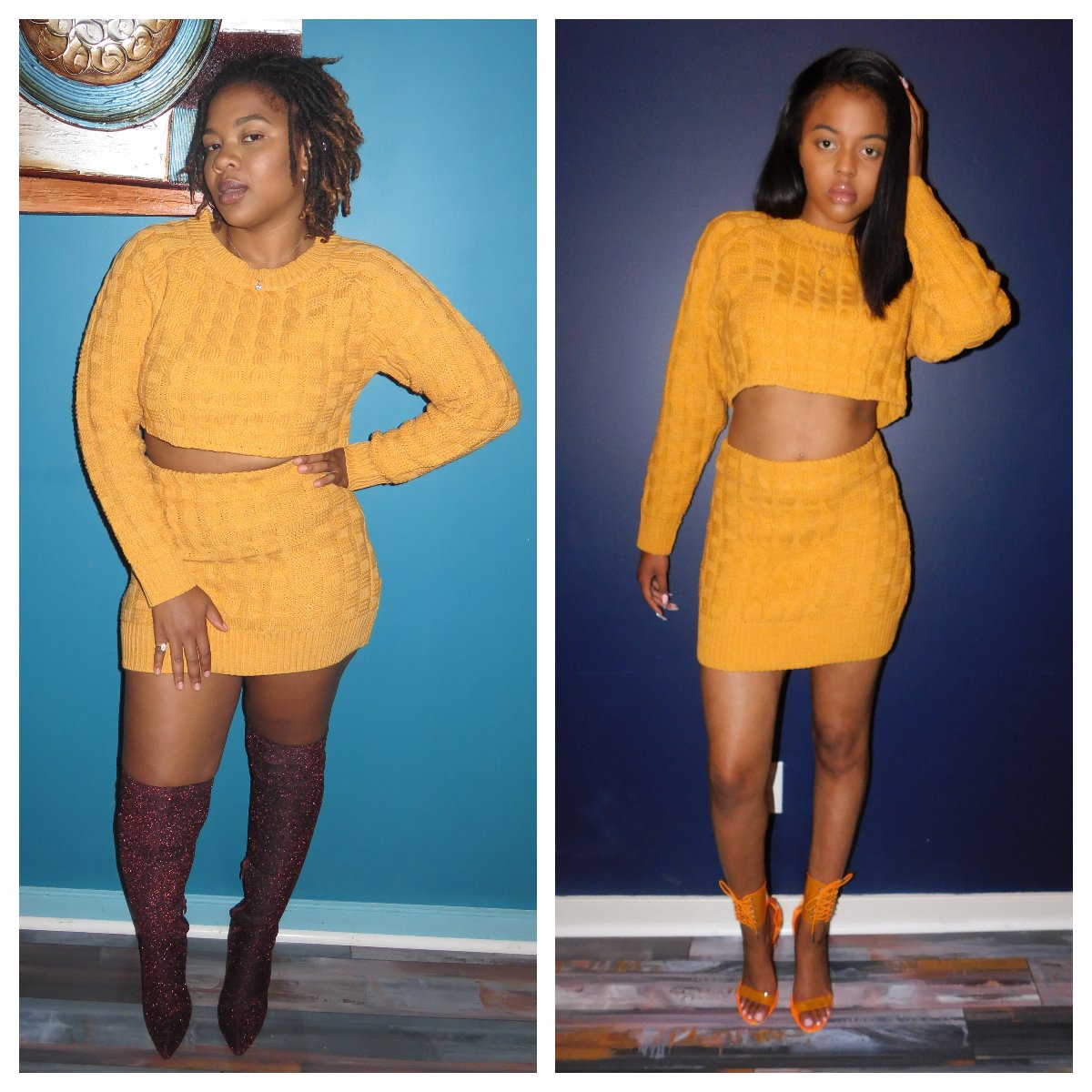 Yellow Two Piece Sweater Skirt Set