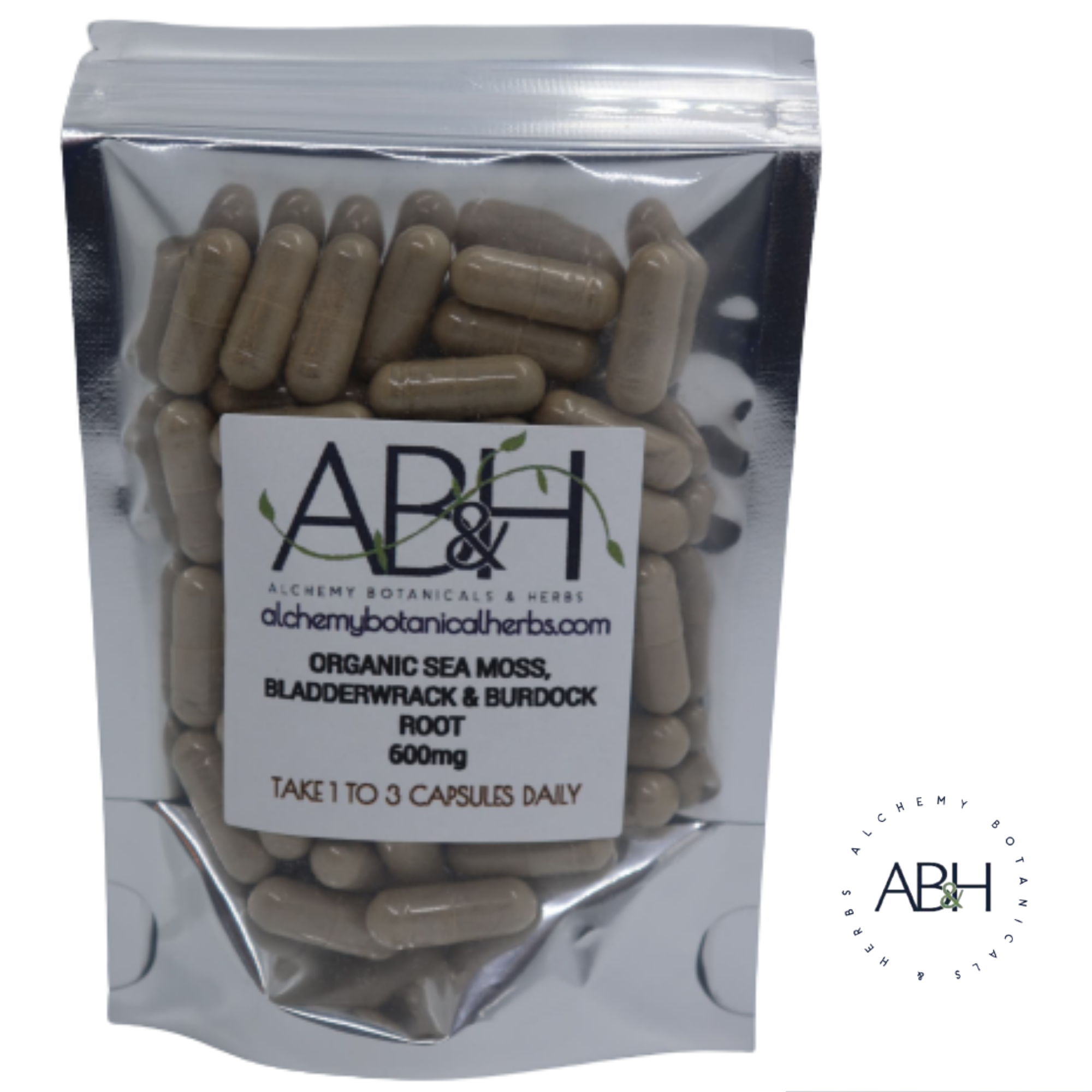 Sea Moss Bladderwrack and Burdock Root Capsules - Health, Vitamins Supplements - AlchemyBotanicalHerbs, bladder wrack, bladderwrack capsules, bladderwrack powder, burdock root, burdock root capsules, daily supplement, irish moss, minerals, supplements, thyroid