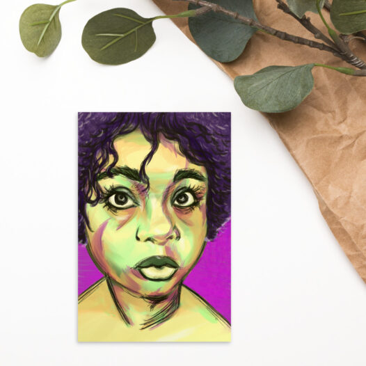 Front view of an illustrated face in complementary colors on a 4x6 postcard