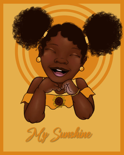 Black baby smiling withabstract sun behind her and text reading my sunshine