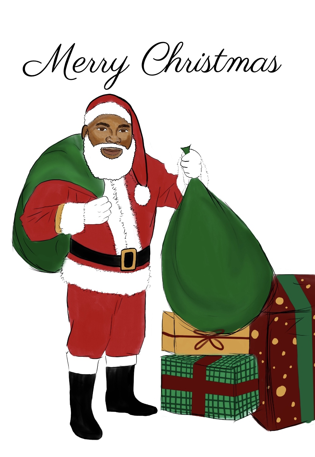 Merry Christmas Card featuring an African American Santa Claus holding gifts.