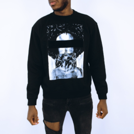 Black crew neck sweatshirt with graphic portraiture design