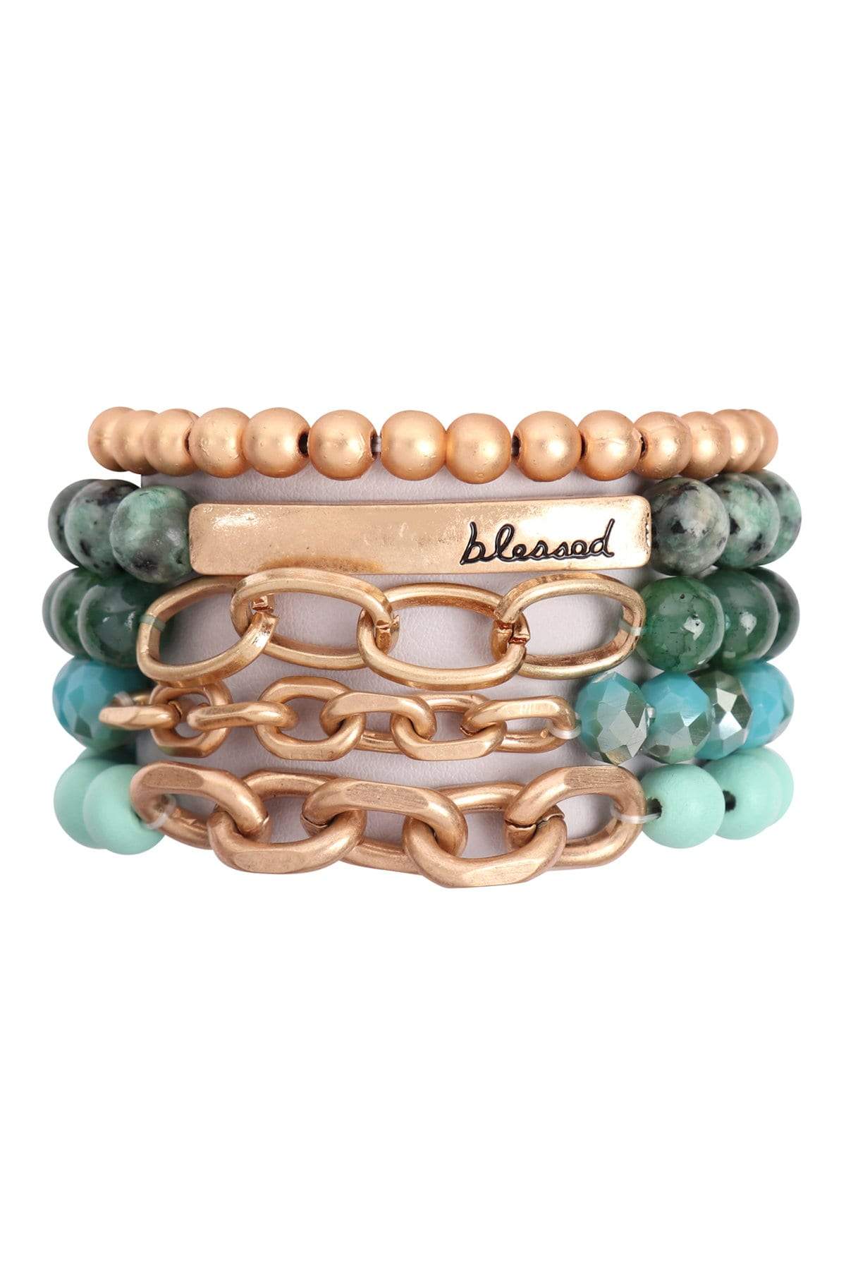 BLESSED Charm Beaded Bracelet | Set of 5 | Stackable Bracelet | Stretchable | Natural Stone | Glass Beads | Wooden | Various Colors