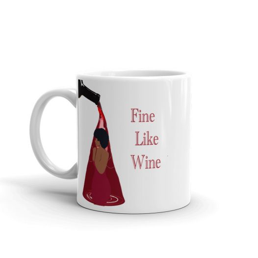 11 oz mug with design of wine falling out of bottle onto a black woman