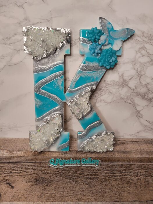 Teal, white and silver custom resin geode letter by Q Signature Gallery