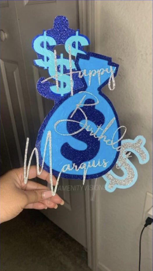 Money bag. Dollar signs. Happy birthday marquis text