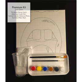This kit contains a pre-drawn canvas, paint brush set, apron, water cup paint and paint plate.