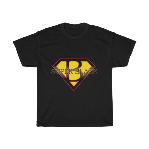 Picture of a black t-shirt with a Superman like emblem with a B and Superblack across it.