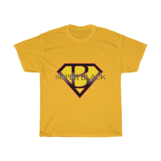 Gold t-shirt with a Superman like emblem with a B in the middle and Superblack across it.