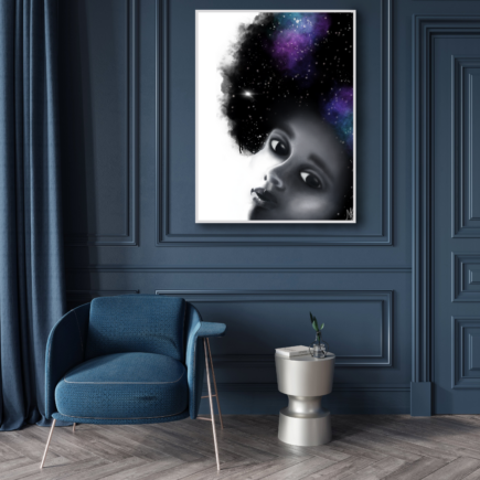 Painting of a black person whos afro is a galaxy
