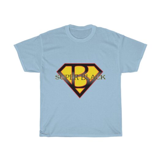 Light blue t-shirt with a Superman like emblem with a B in the middle and Superblack across it.
