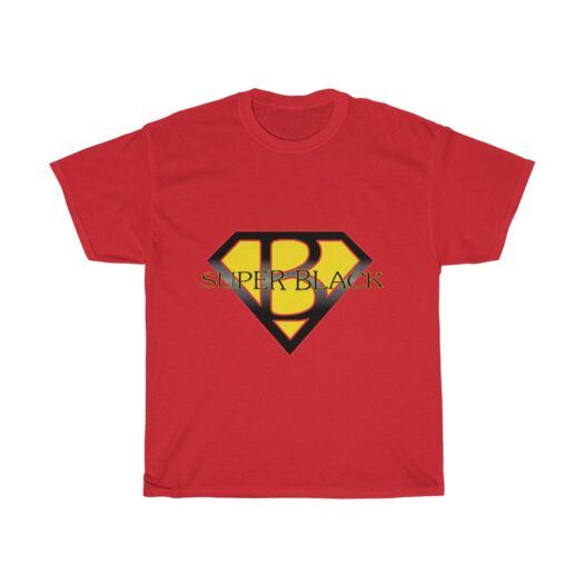 Red t-shirt with a Superman like emblem with a B in the middle and Superblack across it.
