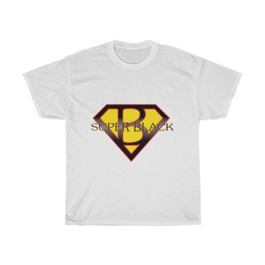 White t-shirt with a Superman like emblem with a B in the middle and Superblack across it.