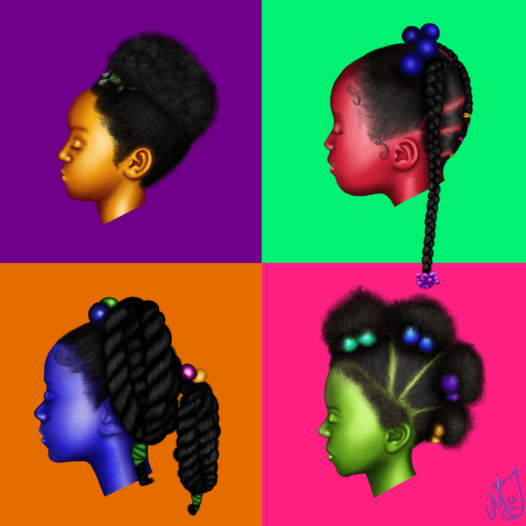 a pop art style painting with 4 differently colored quadrants. Each one has the face of a young girl in different colors with stereotypically black hairstyles.