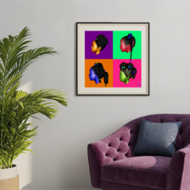 a pop art style painting with 4 differently colored quadrants. Each one has the face of a young girl in different colors with stereotypically black hairstyles. Painting is set in a mockup living space with a purple chair to the right and a bright green plant to the left