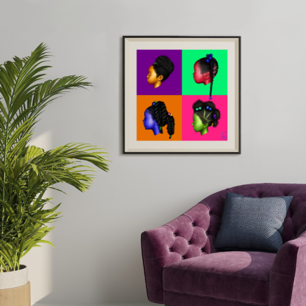 a pop art style painting with 4 differently colored quadrants. Each one has the face of a young girl in different colors with stereotypically black hairstyles. Painting is set in a mockup living space with a purple chair to the right and a bright green plant to the left