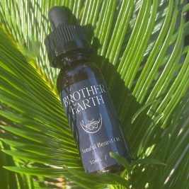 Beard Oil laying on a palm frond in the sun