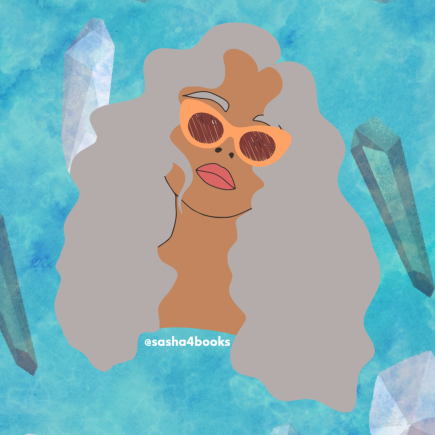 medium toned Black woman with gray hair and orange sunglasses on with a water like blue background with crystals under the water.
