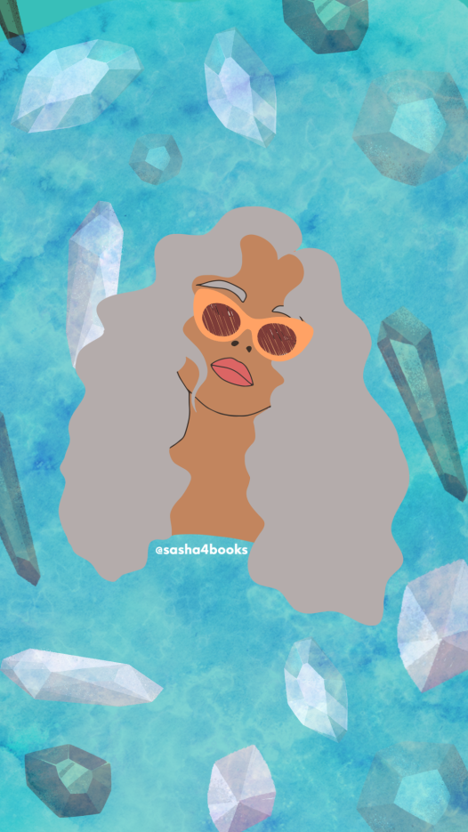 medium toned Black woman with gray hair and orange sunglasses on with a water like blue background with crystals under the water.