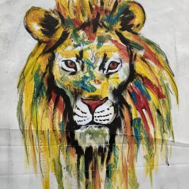 The face of a lion is shown on a blank canvas. It stares directly at the witness. Its bright yellow fur is highlighted with hues of red, green, blue.