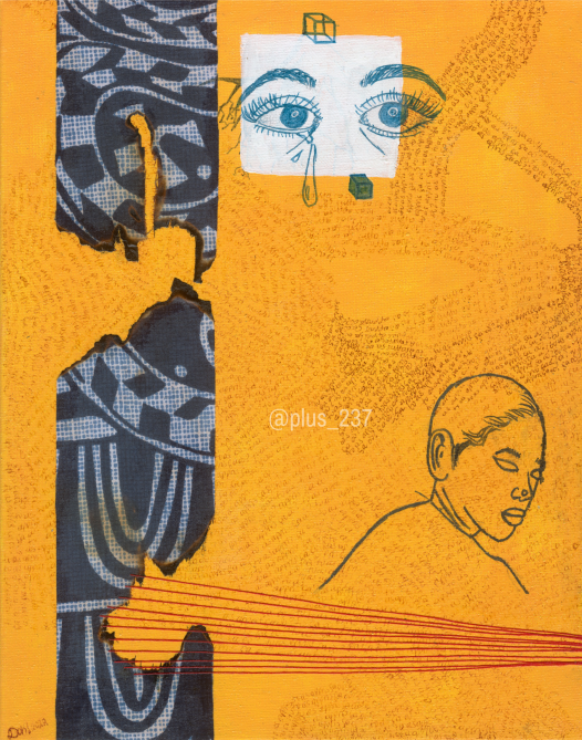an abstract painting with a yellow background, words written on the canvas in a random pattern, traditional Bamiléké Ndop fabric cut in a strip burned in an aesthetic way, lines of red thread, an outline of someone looking back on black ink and a white rectangular shape with a drawing of eyes, a tear drop falling, with a couple cubes surrounding the eye.