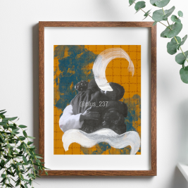 Yellow art print (Untitled 2) on display with wooden frames and leaves featured on each side on print.