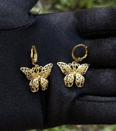 24k Gold Color Enchanted Dangling Butterfly Pair Earrings Jewelry