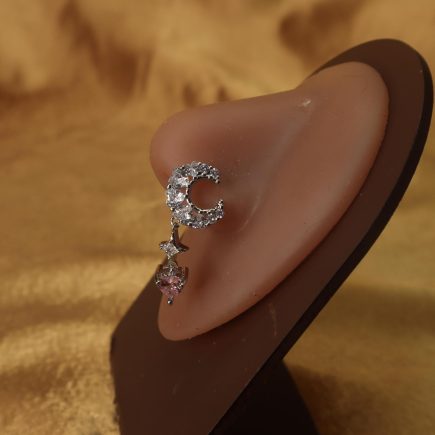 Charming Pink Heart Half Moon Dangling Star Nose Stud