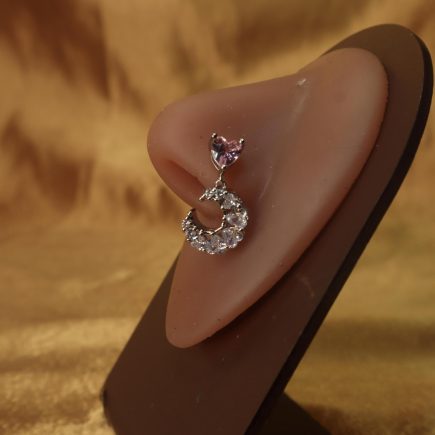 Dangling Moon Gemstones Nose Stud with Pink Heart