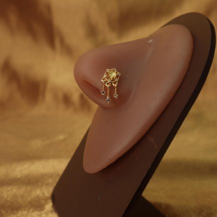 Gold Triple Dangling Gem Circle Nose Stud