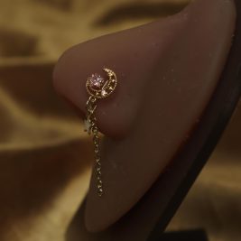 Half Moon with Pink Gem and Star Chain Nose Cuff Non Piercing