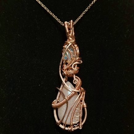 Copper wrapped Peach moonstone and Opal