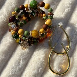 Mustard Yellow, Olive Green & Brown Stretch Bracelets & Serenity Hoops