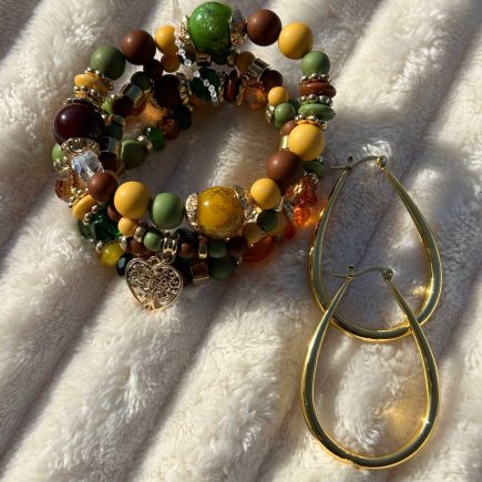 Mustard Yellow, Olive Green & Brown Stretch Bracelets & Serenity Hoops
