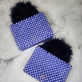 Handmade Blue Beaded Purse with Fluffy Handle