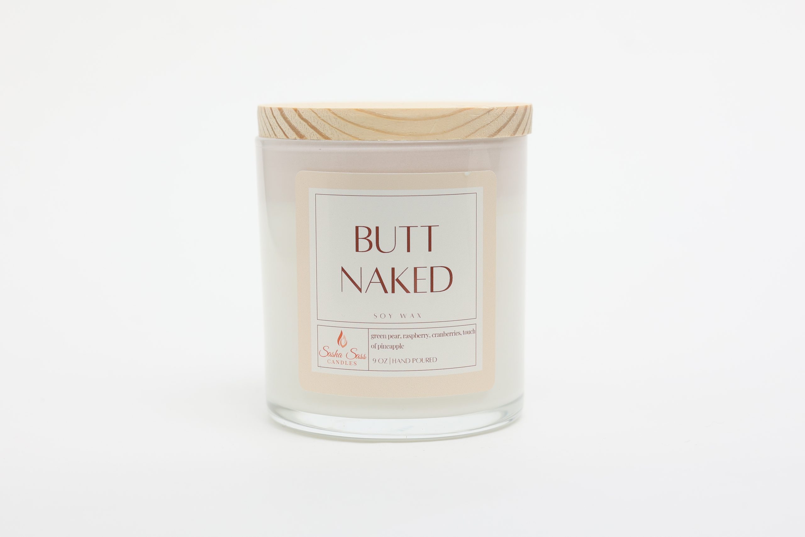 Non-toxic soy candle inside white glass jar with tan wooden lid on top.