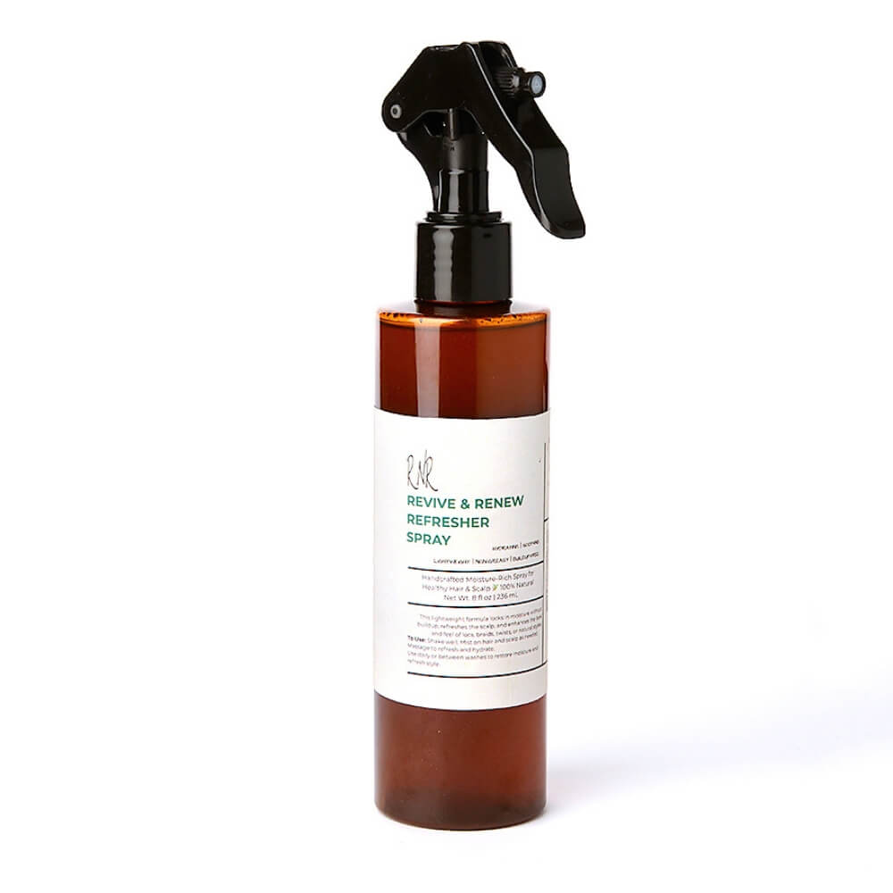 8oz bottle of RNR Revive & Renew Refresher Spray by Niko’s – The Natural Boutique, designed for locs, braids, and natural hair; handcrafted with rose water, aloe vera, and nourishing oils.