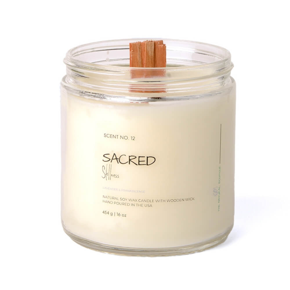 16oz Sacred Stillness Candle from Niko’s – The Natural Boutique, featuring a clean-burning wooden wick and soy wax blend infused with frankincense and lavender, designed for meditation and spiritual calm.