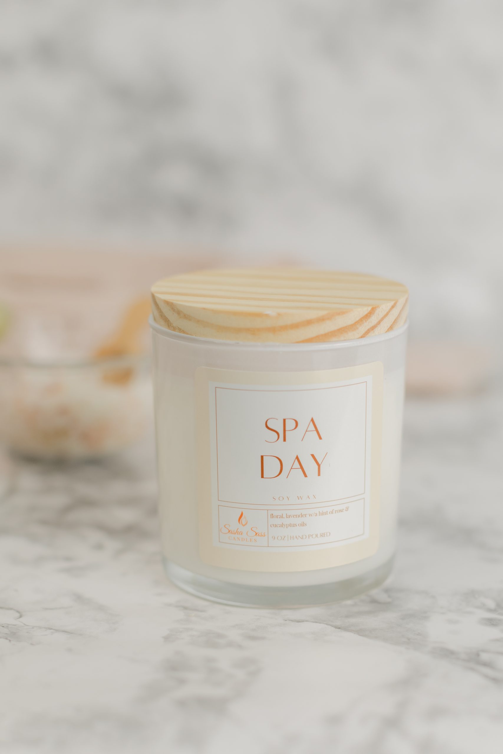 Soy candle made with lavender, rose, and eucalyptus.