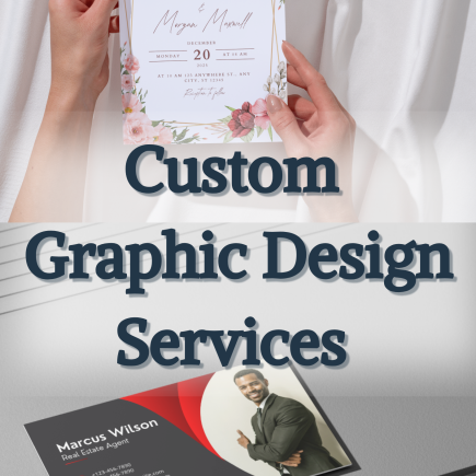 custom design services. the top half of the photo contains two hands holding a custom design invitation while the bottom shows a business card with a man on it.