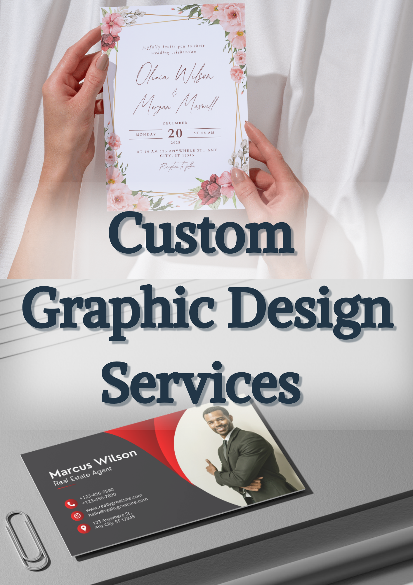 custom design services. the top half of the photo contains two hands holding a custom design invitation while the bottom shows a business card with a man on it.